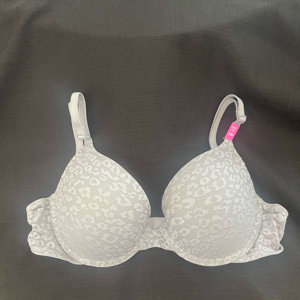 PINK Victoria's Secret Gray Lace Cheetah Push-up Bra